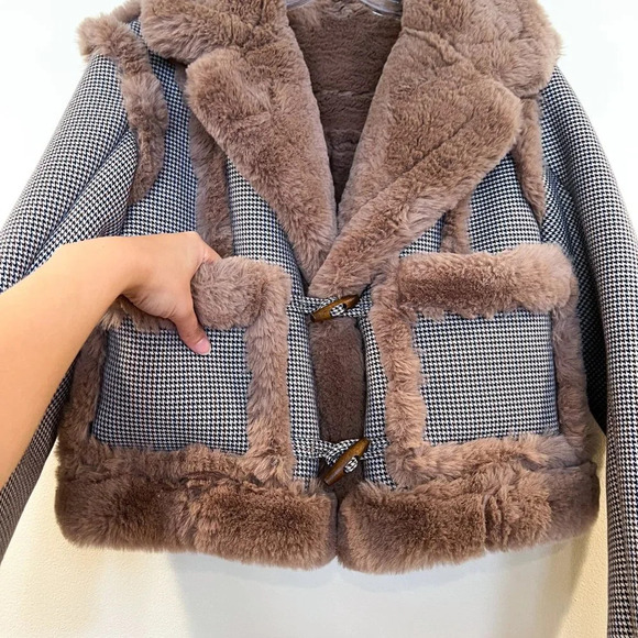 Opening Ceremony Reversible Faux Fur Houndstooth Short Preppy Classic Coat XS - Picture 5 of 10